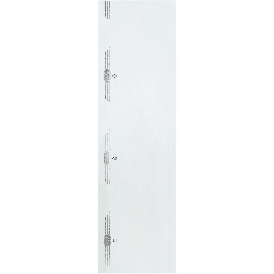 Protect garments with these durable 21 x 4 x 72" clear poly bags–perfect for dry cleaners, retailers, and garment storage. Pre-slit hanger hole and child safety warning included. Roll of 270 bags provides long-term value and convenience for your operation.