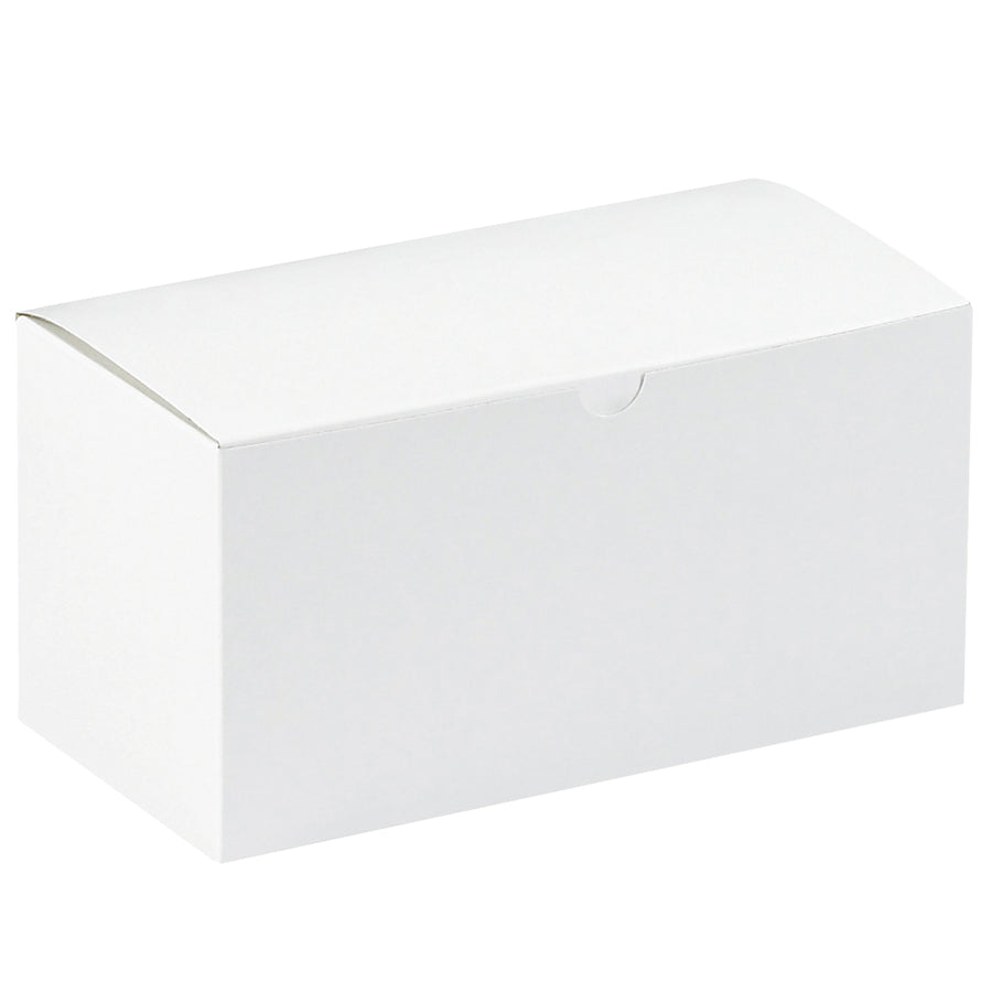 Ship-ready white fibreboard gift boxes in bulk. One-piece construction sets up in seconds with no assembly required. Pack of 100 boxes (9" 4.5" 4.5") ships and stores flat, reducing warehouse overhead and freight costs for high-volume industrial packaging.