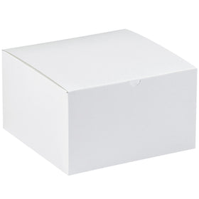 Industrial-grade 9" x 9" x 5.5" white fibreboard gift boxes designed for fast setup and efficient storage. One-piece construction with white exterior and gray interior. Ships and stores flat–case of 50 units maximizes your packaging efficiency.