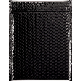 Premium 9x11.5" black glamour bubble mailers deliver impact at unbox–combining striking metallized polyester with reliable bubble cushioning for fragile goods. 92 gauge construction provides superior moisture resistance and durability. Self-sealing adhesive closure speeds packing, while lightweight design keeps shipping costs down. Case of 100 mailers.