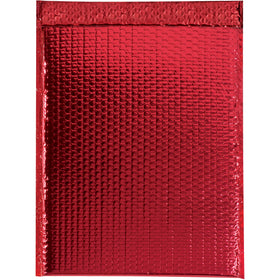 Eye-catching 13x17.5" red metallic bubble mailers protect delicate items while making your brand stand out. Constructed from 92 gauge metallized polyester with moisture-resistant properties and secure peel-and-seal closure. Sold by the case of 100 units for cost-effective fragile goods shipping.