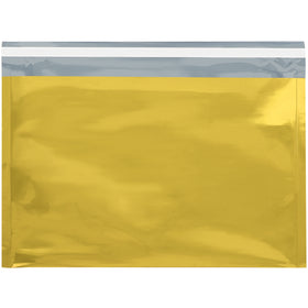 Elevate your brand with these premium 9.5x12.75 gold metallic glamour mailers featuring 2.8 mil aluminized polyester construction and peel-and-seal closure. Water-resistant and puncture-resistant design ensures professional presentation every time. Sold as case of 250 units.