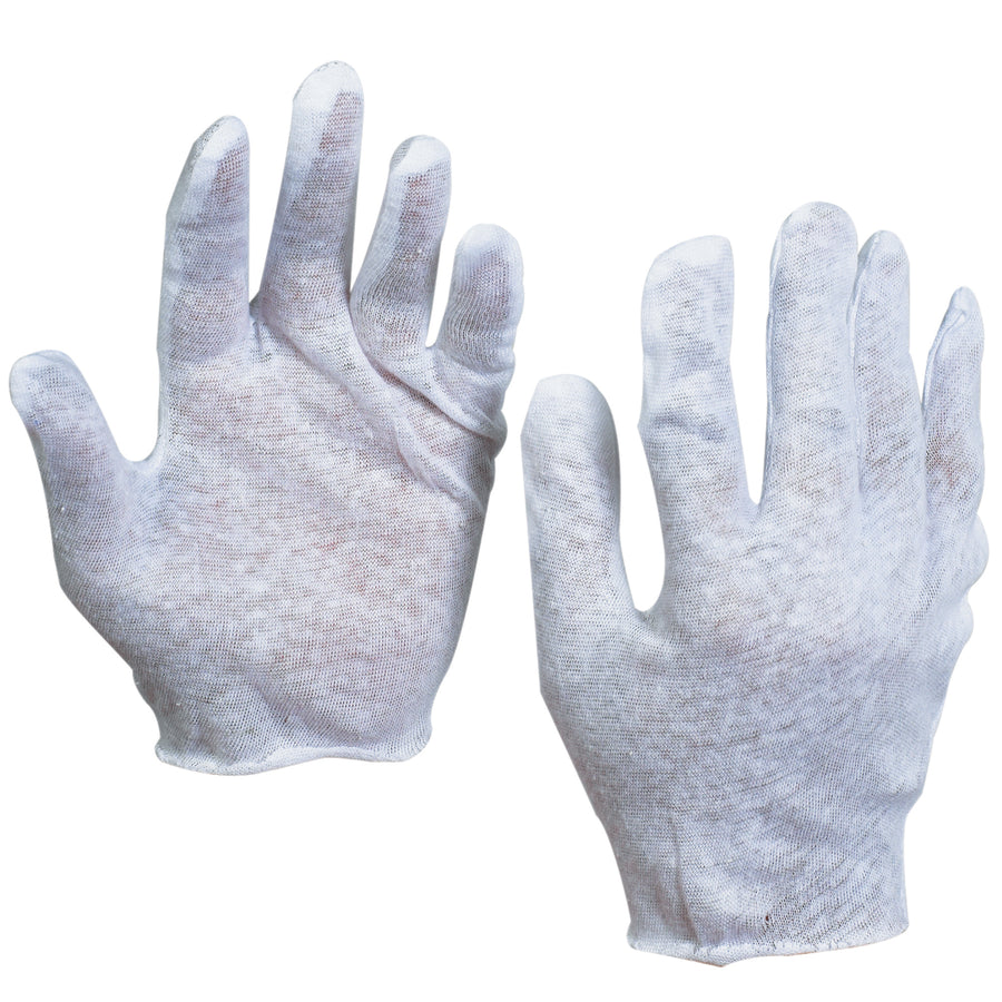 Breathable 100% cotton inspection gloves designed for warehouse and industrial inspection tasks. Ultra-lightweight 2.5 oz construction provides comfort during extended wear without sacrificing durability. Sold as a case of 12 pairs in large size–washable for cost-effective reuse.
