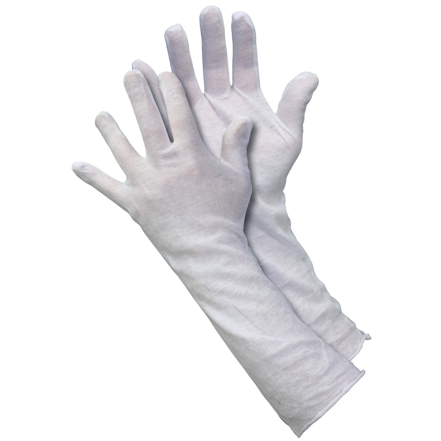 Breathable 100% cotton inspection gloves with 14" extended cuff for superior wrist protection. Large size, 2.5 oz. weight, sold in cases of 12 pairs. Washable design reduces replacement costs and supports compliance requirements.