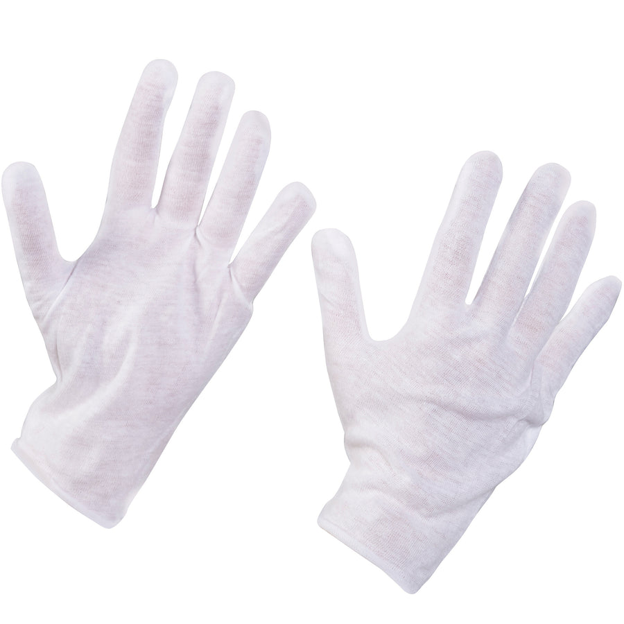 Breathable 100% cotton inspection gloves designed for industrial warehouse operations. These lightweight, bleached white safety gloves offer superior comfort during extended wear while maintaining durability. Each case includes 12 pairs of large-size gloves–washable and reusable for cost-effective workplace safety.