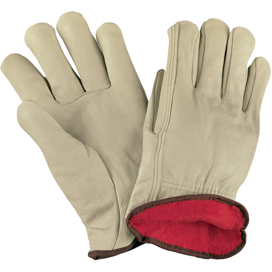 Heavy-duty lined cowhide driver's gloves engineered for warehouse, utility, and industrial applications. Deerskin leather lining provides superior insulation against cold and heat while the keystone thumb and bound hem ensure durability through demanding work. Sold as a case of 3 pairs for cost-efficient workplace safety.