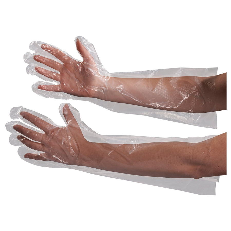 18 in 1 Mil Clear Poly Elbow Length Food Safe Gloves 100/Case GLV2221