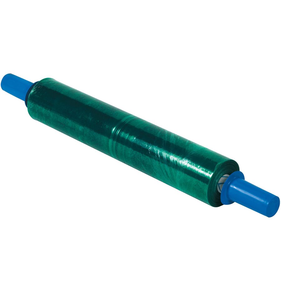 Goodwrappers® green hand stretch film delivers superior load retention with 20" width and 80 gauge thickness. Built-in disposable handles reduce hand friction while the patented dispensing system maximizes stretch efficiency–saving film and costs per pallet. Ready to use out of the box, sold as a case of 4 rolls.