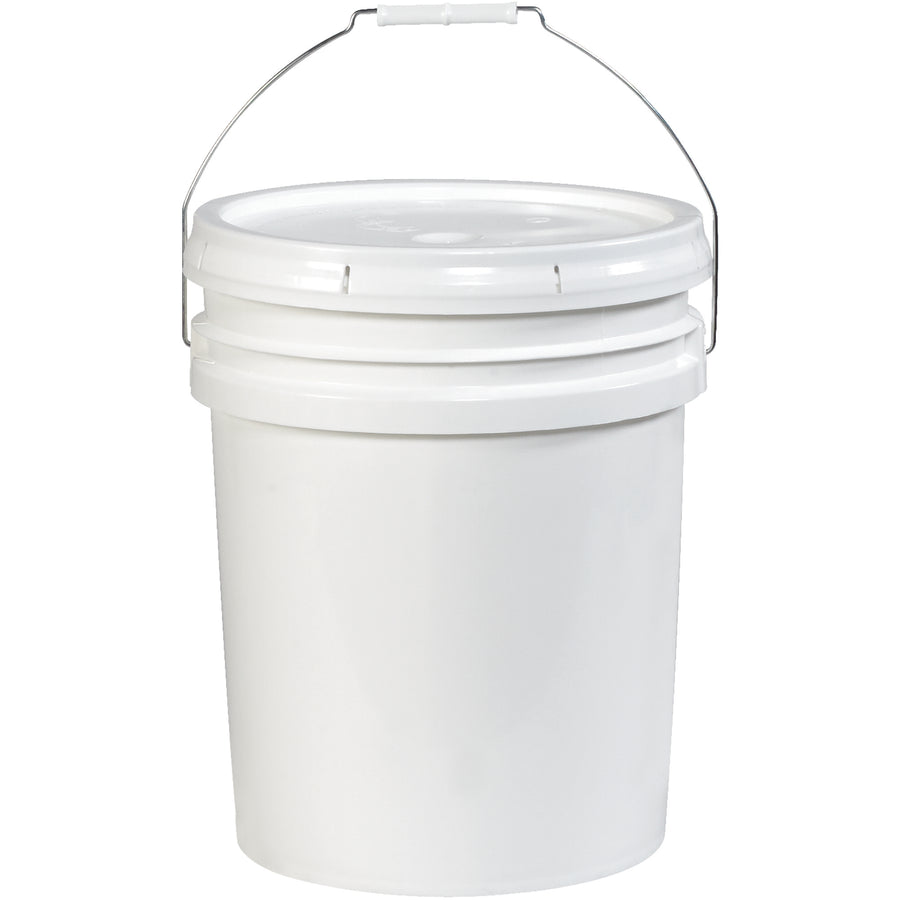 Durable 5 gallon open head plastic pail engineered for safe hazardous materials shipping and storage. White plastic construction meets DOT CFR 49 178.601B standards. Sold individually with nesting design for cost-efficient warehouse storage.