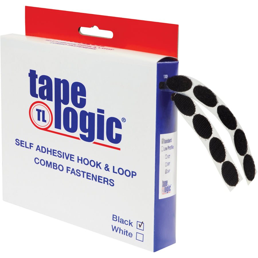 Speed up case sealing and carton closure with Tape Logic 1/2" black hook and loop dots in a convenient combo pack of 200. Rubber-based adhesive delivers reliable adhesion across high and low temperature environments, eliminating line slowdowns. Weather-resistant construction ensures performance in any warehouse condition.