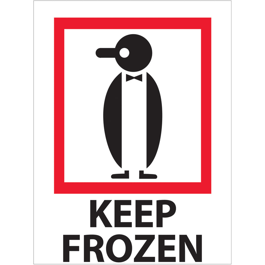 IATA and globally recognized Keep Frozen shipping labels in 3" x 4" format printed on durable semi-gloss coated paper. Each roll contains 500 labels designed for frozen product compliance across international logistics networks. Compatible with all major tabletop and wall-mounted dispensers for seamless warehouse integration.