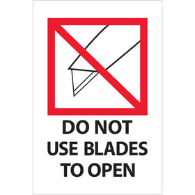 Internationally recognized 4" x 6" special handling label printed on premium high-gloss paper–recognized across multiple countries to prevent blade-related injuries during carton opening. Sold as rolls of 500 for efficient warehouse dispensing. Compatible with both tabletop and wall-mount label dispensers.