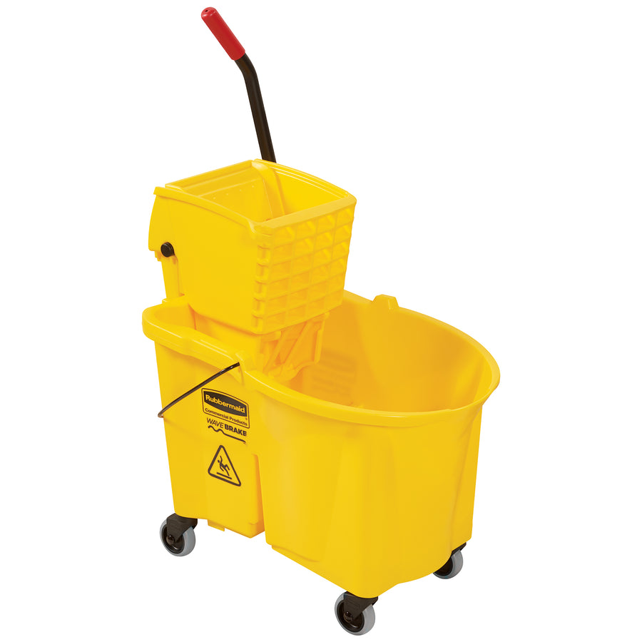 The Rubbermaid WaveBrake 44-quart yellow plastic mop bucket combines patented splash-reduction technology with industrial-grade durability. Engineered for facility managers seeking efficient, cost-effective mopping systems–the side-press wringer handles 200,000+ cycles and the foot pedal design eliminates manual lifting. Non-marking casters protect floors while the sturdy tubular steel frame withstands demanding commercial environments.