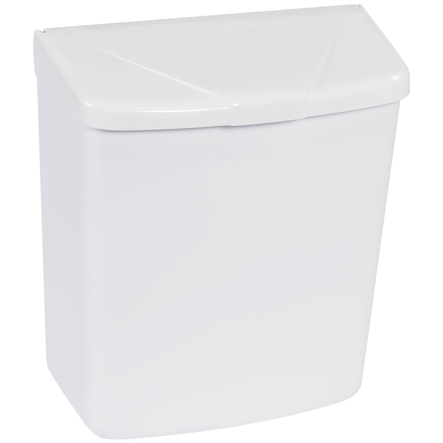 Maintain compliant, hygienic restroom facilities with this durable wall-mountable sanitary napkin receptacle. Constructed from heavy-duty white PPC plastic (11" x 9" x 5"), it installs instantly with included double-sided adhesive tape–no tools required. Sold 1 per case for reliable feminine hygiene waste containment.