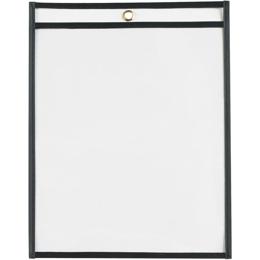 Protect and display work orders, production papers, and inventory cards with these durable 8.5x11" black vinyl job ticket holders. Taped and stitched edges provide extended product life, while crystal-clear both sides allow quick document visibility without removal. Convenient metal eyelet for hanging‚case of 25 units.