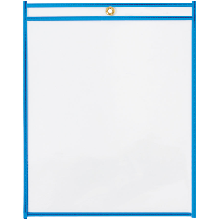 Keep job orders visible and protected with these 9x12" neon blue vinyl job ticket holders. Manufactured from rigid, clear vinyl with reinforced stitched edges and metal eyelet for hanging. Case of 15 provides cost-effective document organization for any shop or warehouse.