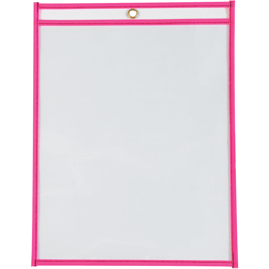 Keep shop paperwork organized and visible with these 9x12" neon pink vinyl job ticket holders. Sold as a case of 15 units featuring reinforced stitched edges, dual-sided clarity, and a metal eyelet for hanging. Rigid vinyl construction protects documents while maintaining easy document visibility on the production floor.