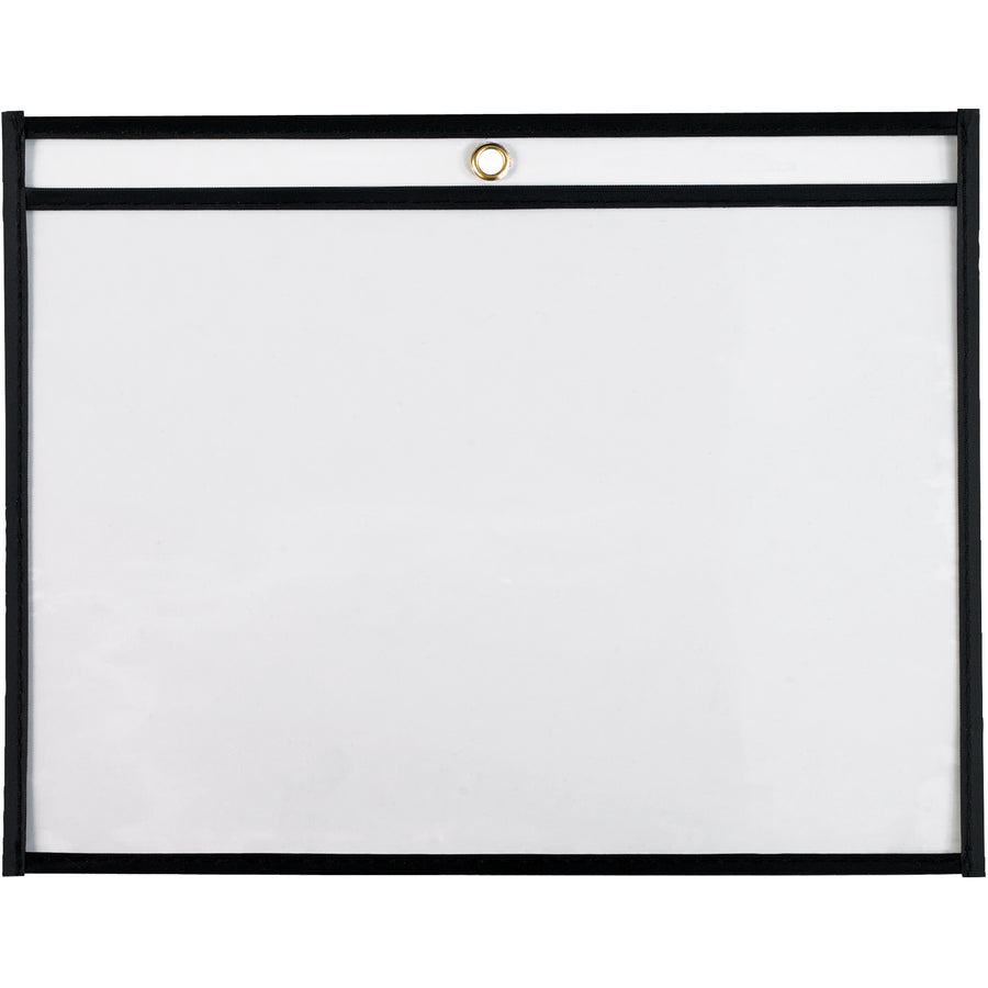 Industrial-grade 12x9" vinyl job ticket holders keep work orders, production papers, and inventory cards organized and protected on the shop floor. Dual-clear sides provide full document visibility while taped and stitched black edges ensure durability. Convenient metal eyelet allows easy hanging‚25 holders per case.