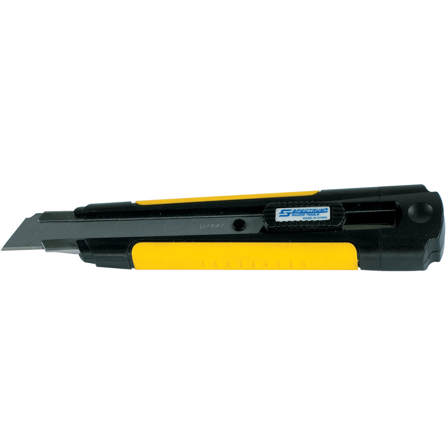Heavy-duty 8 Pt. steel track snap utility knife with automatic blade-lock mechanism and comfortable rubber grip. Includes 3 snap blades per knife for extended use. Sold by the case of 25‚the complete solution for high-volume shipping rooms and warehouse operations.