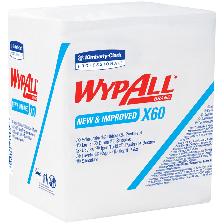 Kimberly Clark® WypALL® X60 industrial wipers combine exceptional absorbing power with reinforced durability for demanding cleaning tasks. Each 12.5"x12" white wipe is 1/4-fold for easy dispensing, sold as a case of 12 for maximum bulk savings. Tough enough for heavy-duty scrubbing yet gentle enough for face and hands.