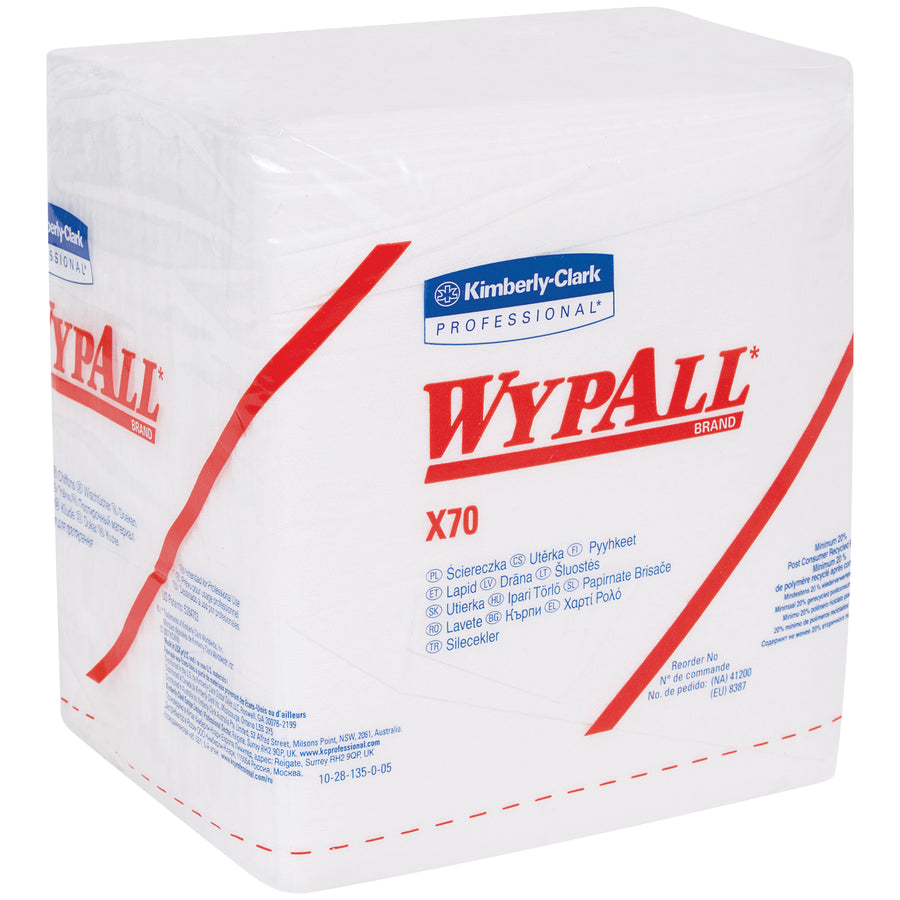 Replace expensive rags with WypALL¬Æ X70 Industrial Pro Wipers‚pound for pound, they absorb significantly more oil and water while cleaning oil, grime, and solvents in one wipe. Each 12.5"x12" white wiper in this bulk case of 12 delivers cost-efficient, reliable cleaning for industrial maintenance teams.