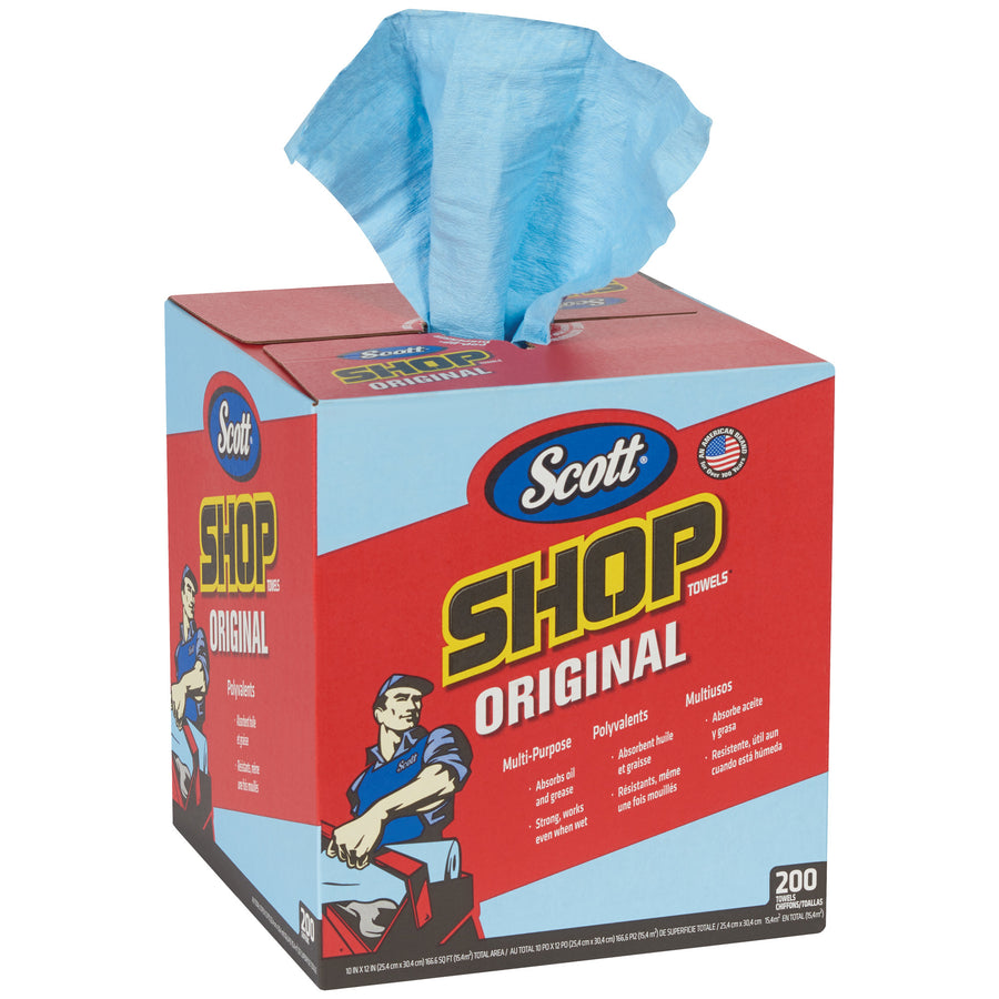 Scott® Blue Shop Towels in convenient pop-up boxes deliver one-at-a-time center-pull dispensing for maximum efficiency. Each 10"x12" towel absorbs grease, oils, and liquids in garages and industrial facilities. Buy by the case (8 boxes) for cost-effective janitorial supply restocking.
