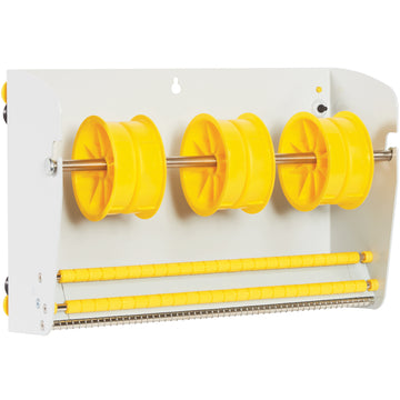 Save workspace with this durable 12.5" metal wall mount label dispenser designed for high-volume shipping operations. Heavy-duty all-metal construction holds rolls up to 7" in diameter. Quick-load threading and dual mount options–wall or counter–make it the ideal shipping supply solution for logistics coordinators.