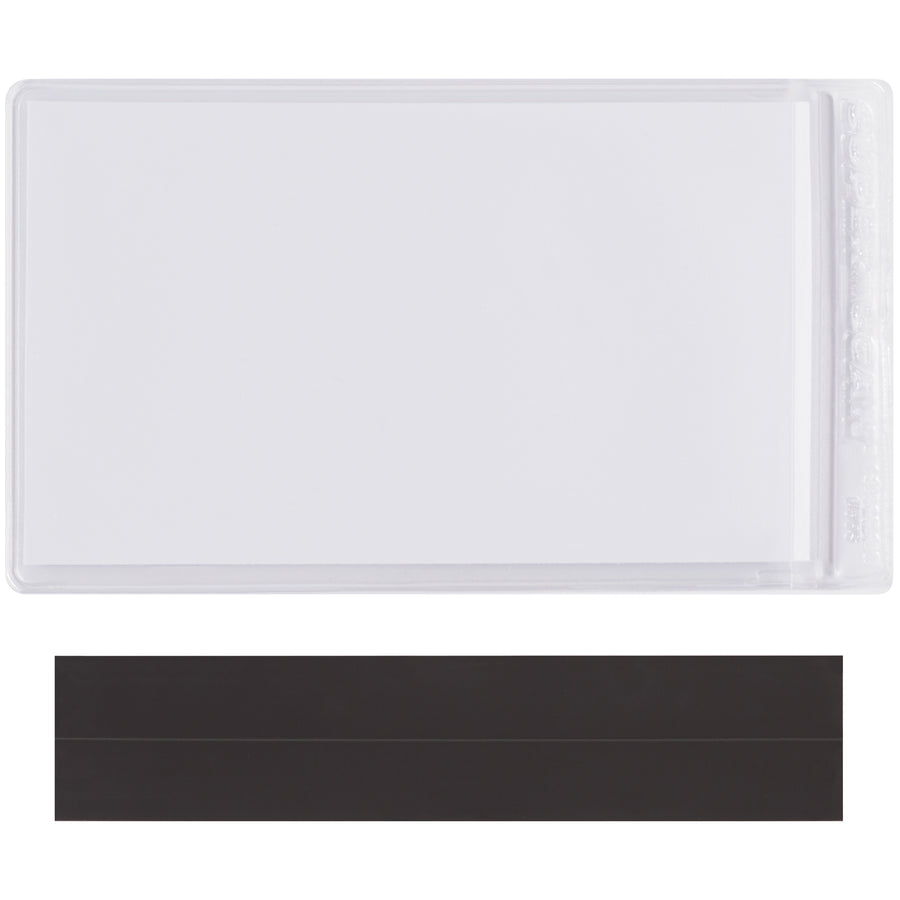 Magnetic vinyl envelopes (3" x 5") designed for quick, tool-free label relocation on metal racks and machinery. Clear matte design with side-load format supports laser and inkjet printing. Sold in cases of 50 for warehouse and shipping room efficiency.