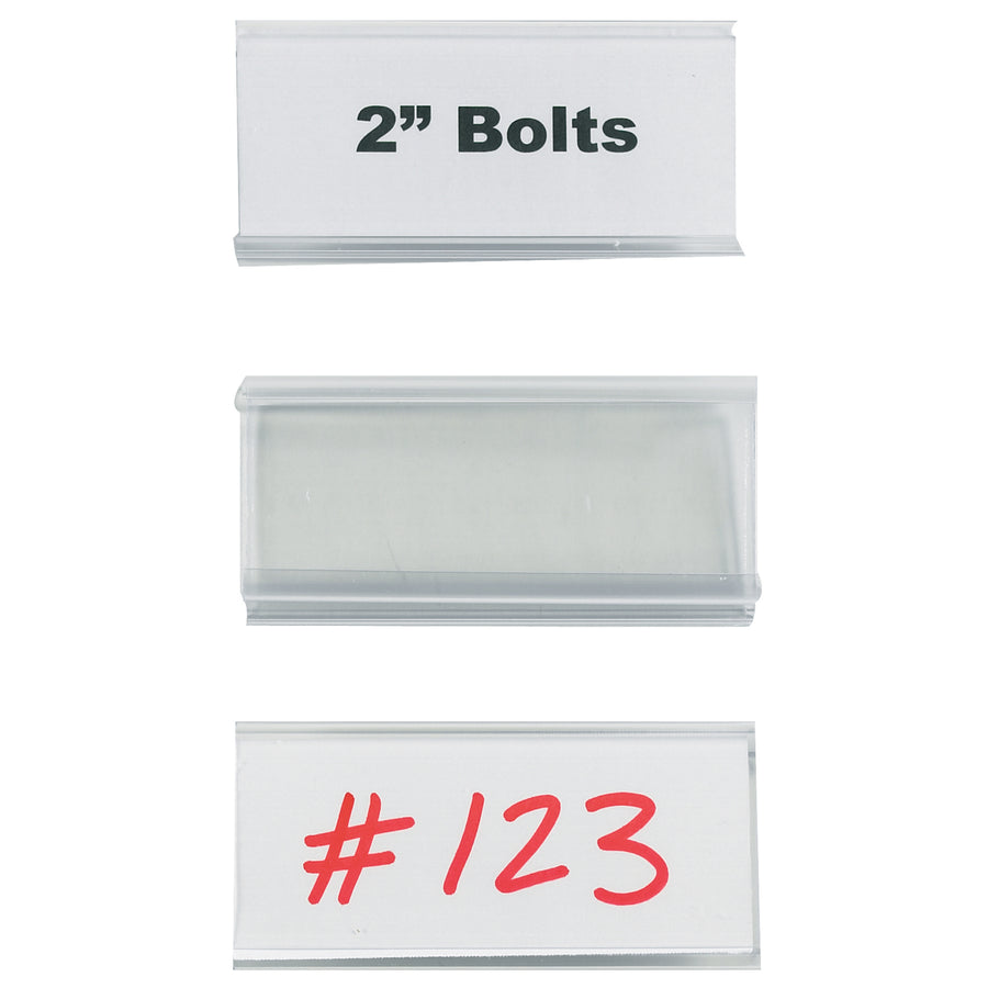 Snap-on label holders designed for wire shelving systems–install and reposition instantly without tools. Clear plastic construction with barcode-compatible cover protects inserts from damage. 3" x 1 5/16" size fits standard 1.25"–1.5" shelf faces; 25 holders per case with white inserts included.