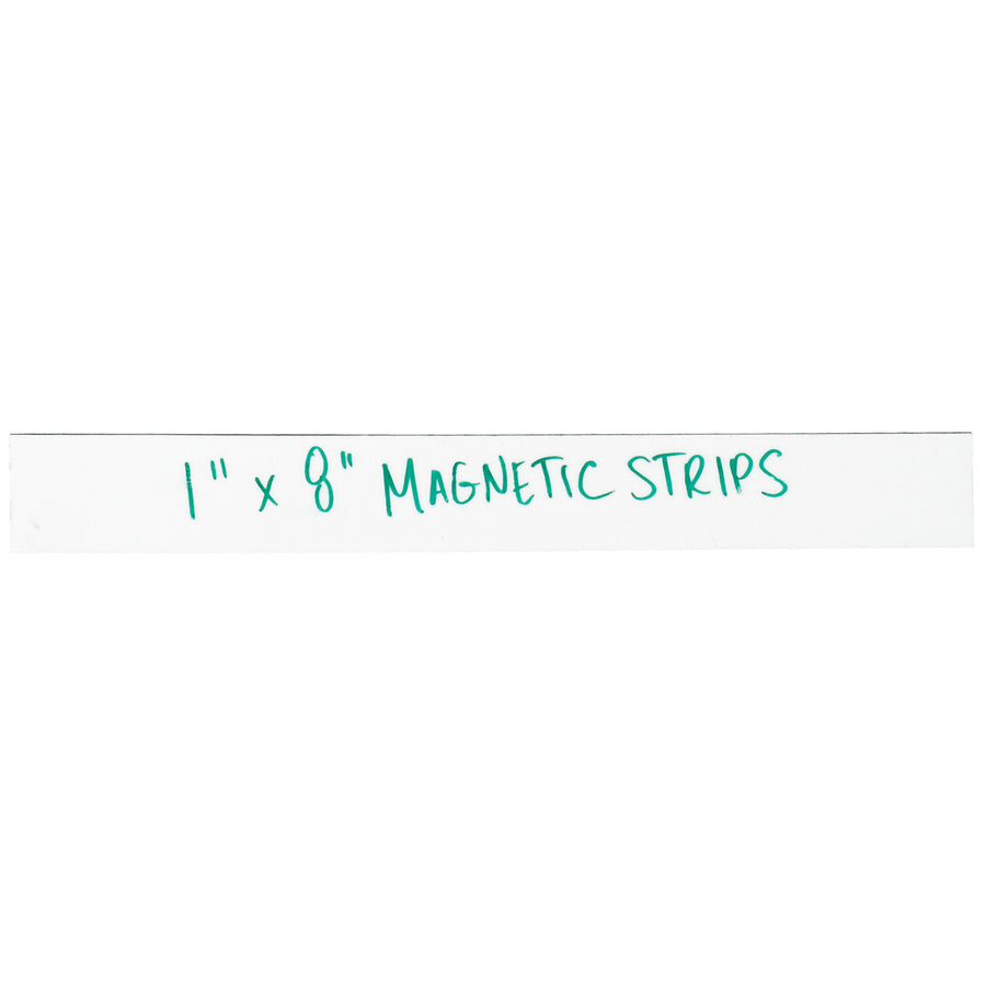 Write-on, wipe-off magnetic warehouse labels that eliminate adhesive mess and streamline inventory management. These 1" x 8" white magnetic strips feature a durable .030" thick backing and vinyl top coat compatible with wet or dry erase markers. Order by the case of 25 pre-cut, reusable labels.