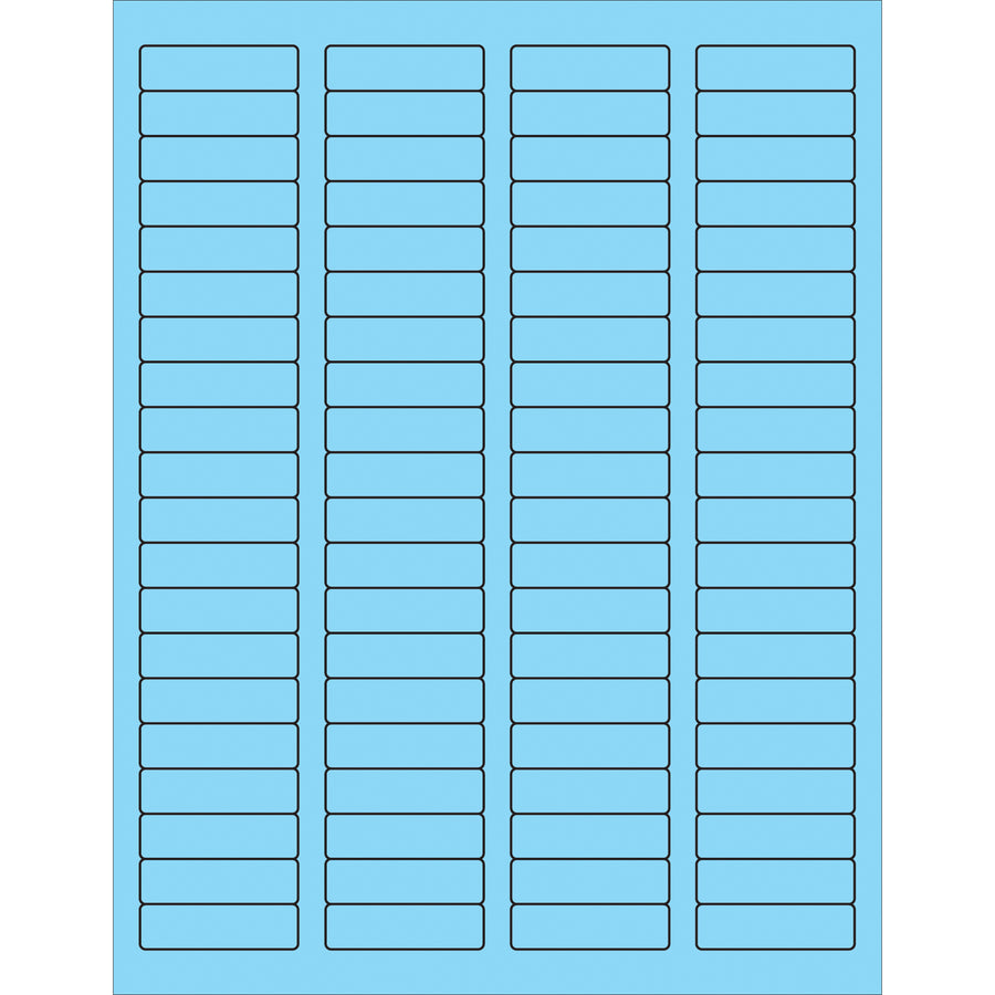 High-visibility fluorescent pastel blue rectangle laser labels sized 1.75" x 0.5" with permanent acrylic adhesive. Print custom shipping, product, or compliance labels using laser or inkjet printers. Case of 8000 labels sticks reliably to corrugated, plastic, metal, glass, and paper surfaces–ideal for logistics operations requiring durable, visible identification.