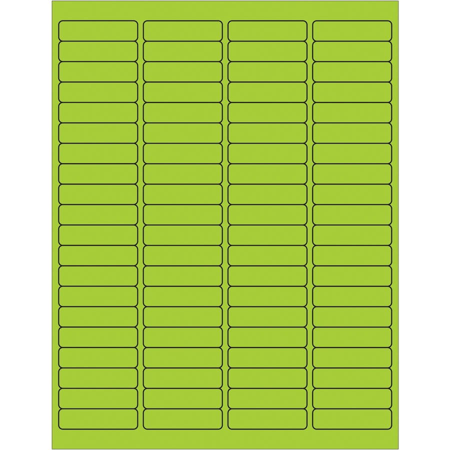High-visibility fluorescent green rectangle laser labels with permanent acrylic adhesive for shipping, compliance, and product identification. Each case contains 8,000 printable labels (1 15/16" x 1/2") compatible with laser and inkjet printers. Adheres reliably to paper, corrugated, plastic, metal, and glass surfaces.