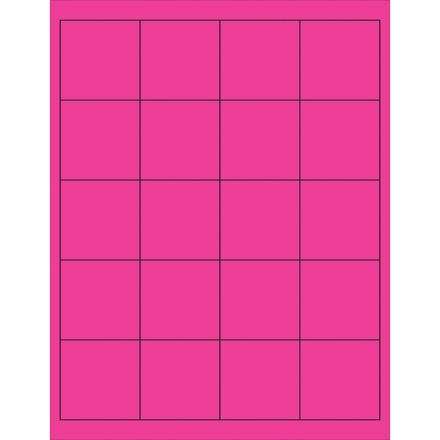 High-visibility fluorescent pink rectangle laser labels sized 2x2" with permanent acrylic adhesive for shipping, compliance, and product identification. Works with laser and inkjet printers. Sold as a case of 2,000 labels with easy-to-use Microsoft Word template included.