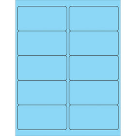 Professional-grade 4x2" fluorescent pastel blue rectangle laser labels for high-visibility product and mailing identification. Permanent acrylic adhesive bonds to paper, corrugated, plastic, metal, and glass surfaces. Case of 1,000 labels with Microsoft Word template for quick formatting.