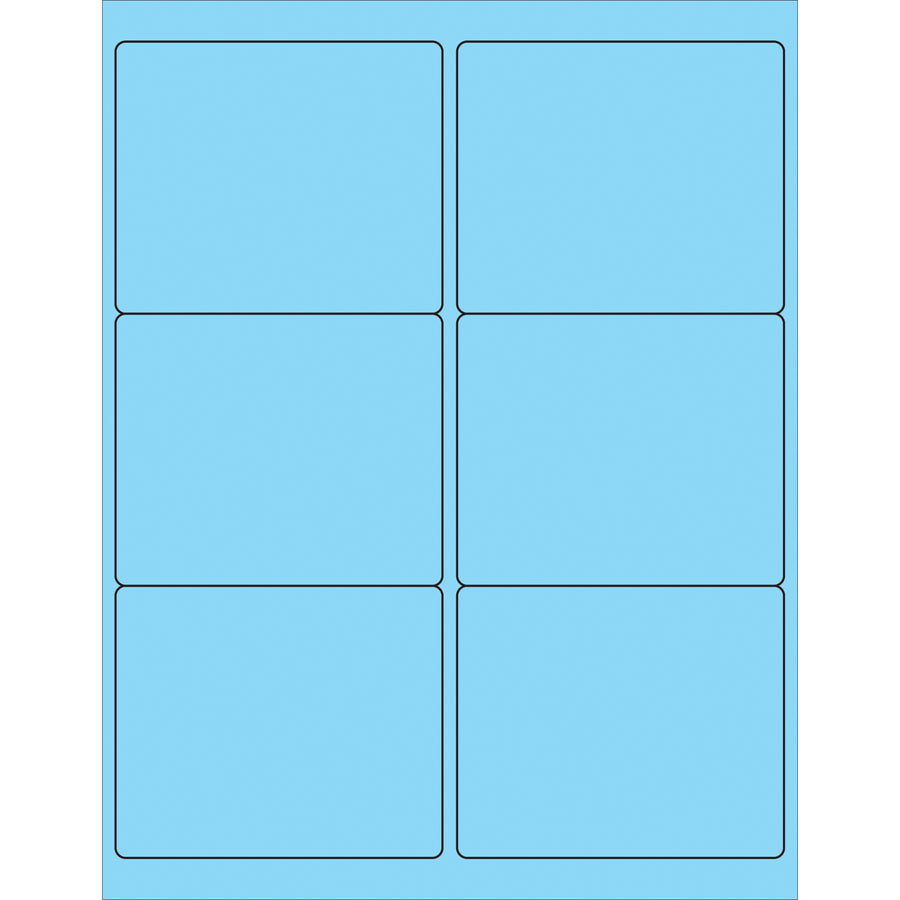 Fluorescent pastel blue rectangle laser labels sized 4" x 3 1/3" with permanent acrylic adhesive for professional product and mailing identification. Compatible with both laser and inkjet printers, these 600-count case labels adhere reliably to paper, corrugated, plastic, metal, glass, and wood surfaces. Includes pre-formatted Microsoft Word template for fast custom design and deployment.