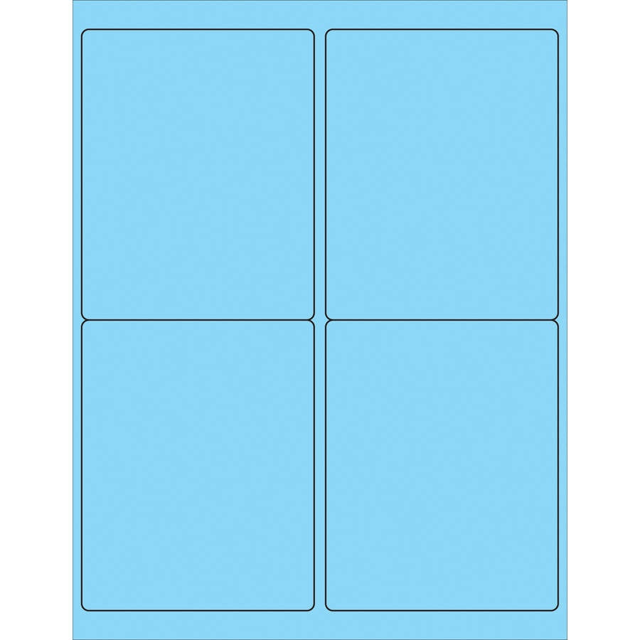 High-visibility fluorescent pastel blue rectangle laser labels sized 4" x 5" with permanent acrylic adhesive. Sold as a case of 400 pre-cut labels, ready to print and apply to corrugated boxes, packages, and shipping containers. Compatible with laser and inkjet printers for instant customization.