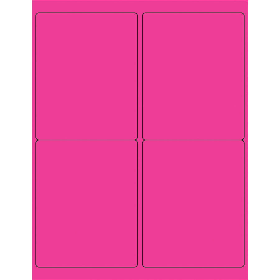 High-visibility fluorescent pink rectangle laser labels sized 4" x 5" with permanent acrylic adhesive for durable, long-lasting application. Compatible with laser and inkjet printers, these labels adhere reliably to paper, corrugated, plastic, wood, glass, and metal surfaces. Each case contains 400 labels with easy-to-use Microsoft Word template formatting.