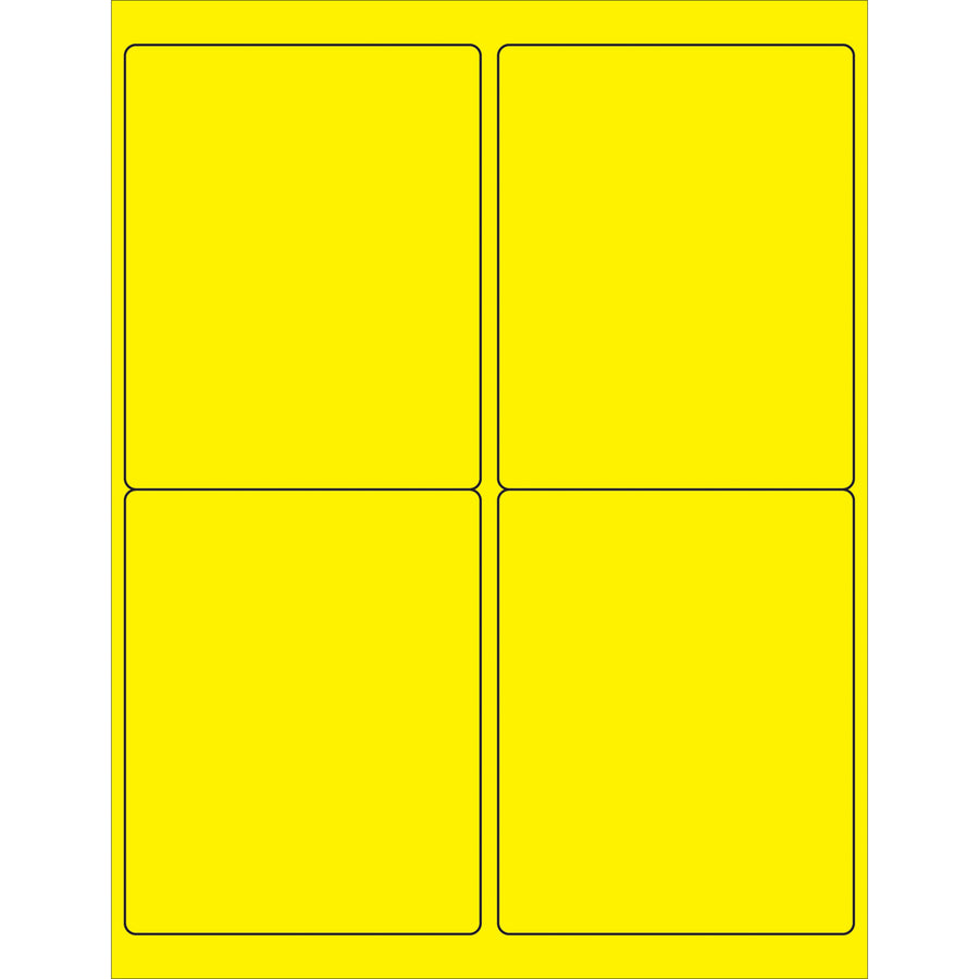 High-visibility fluorescent yellow rectangle laser labels sized 4" x 5" with permanent acrylic adhesive that sticks to paper, corrugated, plastic, metal, and glass. Works with both laser and inkjet printers. Each case contains 400 labels ready to print and deploy.