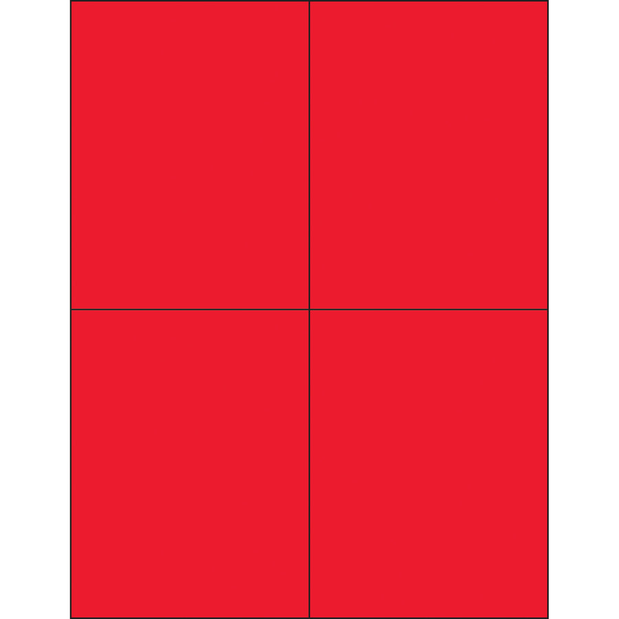 High-visibility fluorescent red rectangle laser labels sized 4.25" x 5.5" with permanent acrylic adhesive. Print with laser or inkjet printers on paper, corrugated, plastic, and metal surfaces. Case of 400 labels ships ready for your shipping, compliance, and product identification needs.
