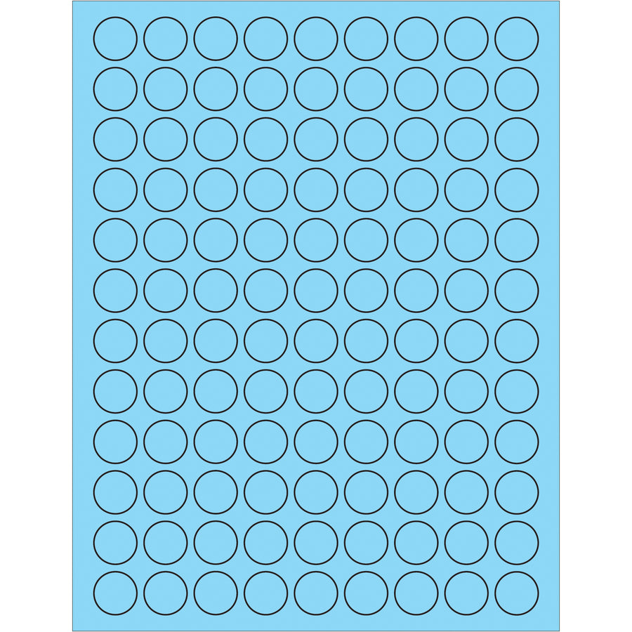 High-visibility 3/4" fluorescent pastel blue circle laser labels with permanent acrylic adhesive–ideal for shipping compliance, product identification, and mailing operations. Compatible with laser and inkjet printers. Bulk case of 10,800 labels delivers cost-effective solutions for logistics coordination and international shipment tracking.