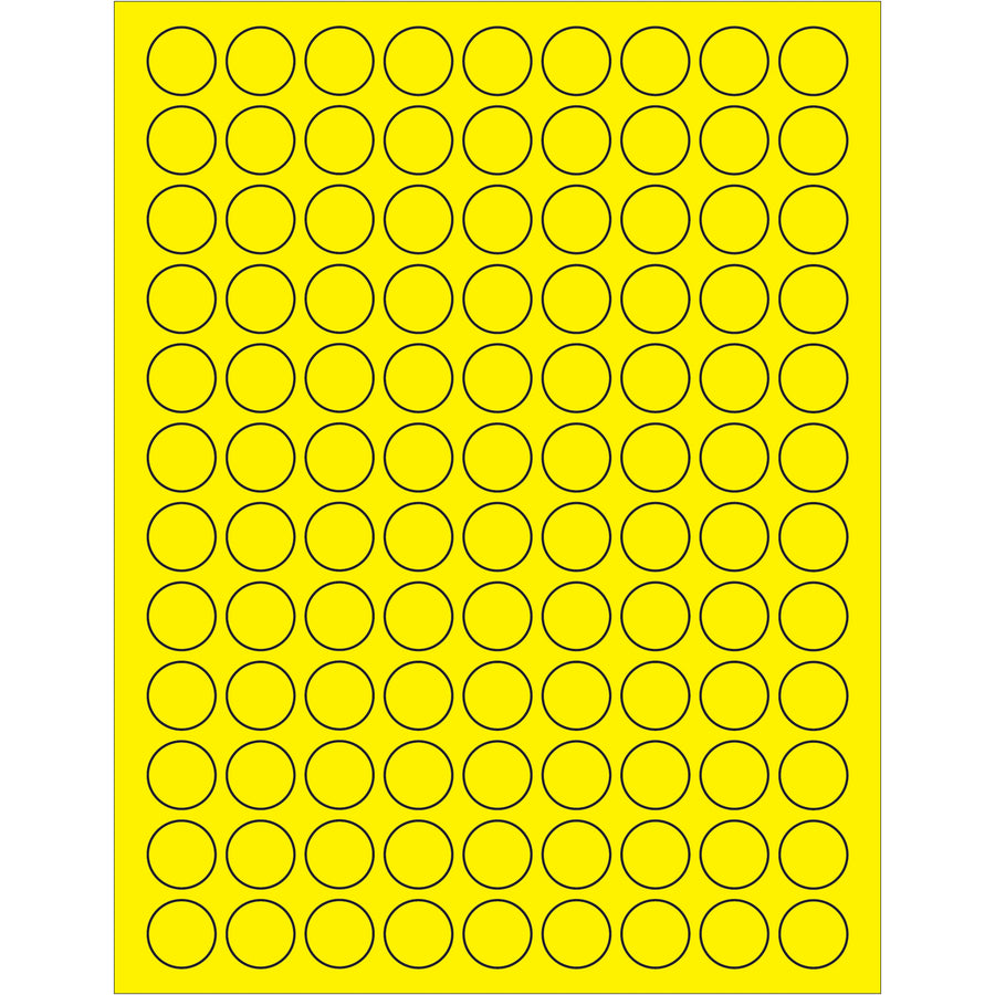High-visibility 3/4" diameter fluorescent yellow circle laser labels engineered for shipping, compliance, and product identification. Permanent acrylic adhesive bonds to paper, corrugated, plastic, metal, and glass. 10,800 labels per case–compatible with laser and inkjet printers.