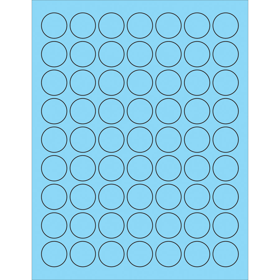 Professional-grade 1" diameter fluorescent pastel blue circle laser labels with permanent acrylic adhesive. Case of 6300 labels compatible with laser and inkjet printers. Designed for shipping coordinators and logistics professionals who need high-visibility, durable labels for corrugated boxes, plastic, glass, and metal surfaces.
