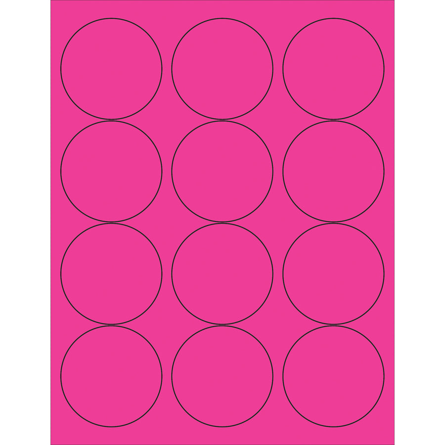 High-visibility fluorescent pink circle labels designed for shipping coordinators who need immediate label recognition on packages and shipments. 2.5" diameter laser labels with permanent acrylic adhesive stick to paper, corrugated, plastic, metal, and glass surfaces. 1,200 labels per case‚ready to print and apply.