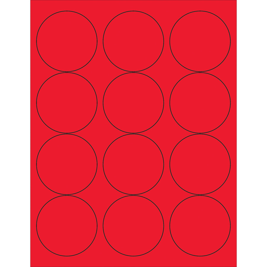 High-visibility 2 1/2" fluorescent red circle laser labels with permanent acrylic adhesive for shipping, compliance, and product identification. Compatible with laser and inkjet printers. Case of 1200 labels ready to ship.