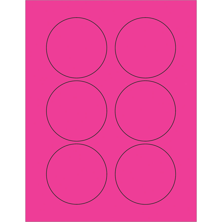 High-visibility 3" fluorescent pink circle laser labels designed for shipping coordinators who need enhanced package visibility and compliance tracking. Permanent acrylic adhesive bonds instantly to corrugated, plastic, metal, and glass surfaces. Case of 600 labels works with both laser and inkjet printers.