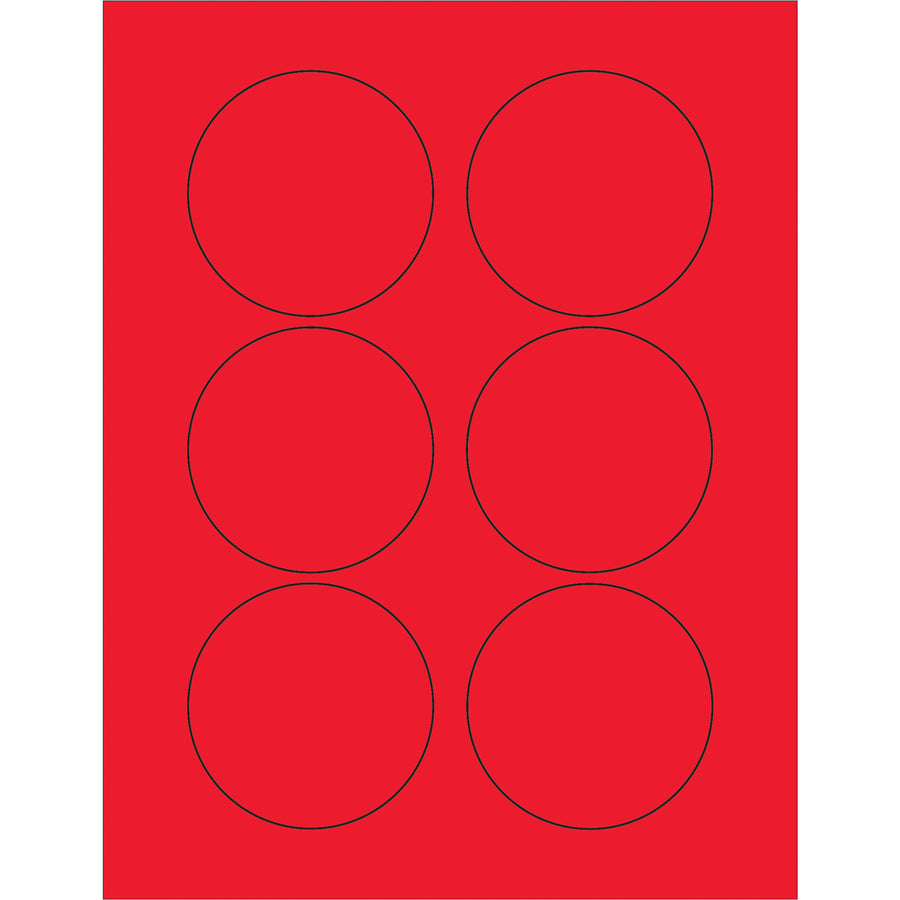 High-visibility 3" fluorescent red circle laser labels designed for shipping coordinators who need compliance-critical labeling that stands out. Permanent acrylic adhesive bonds to corrugated, plastic, metal, and glass surfaces. Case of 600 labels works with laser and inkjet printers.