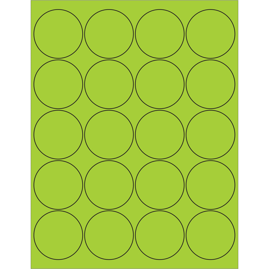 High-visibility 2" fluorescent green circle laser labels engineered for shipping compliance and international logistics. Permanent acrylic adhesive adheres to corrugated, plastic, metal, and glass surfaces. Case of 2,000 labels–ready to print with your laser or inkjet printer.