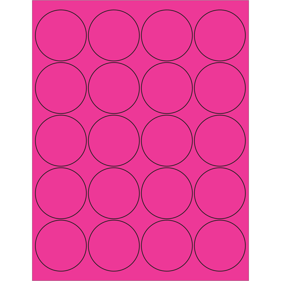 High-visibility 2" fluorescent pink circle laser labels engineered for shipping, compliance, and product identification. Permanent acrylic adhesive bonds securely to paper, corrugated, plastic, metal, and glass. Case of 2,000 labels ready to print and apply.