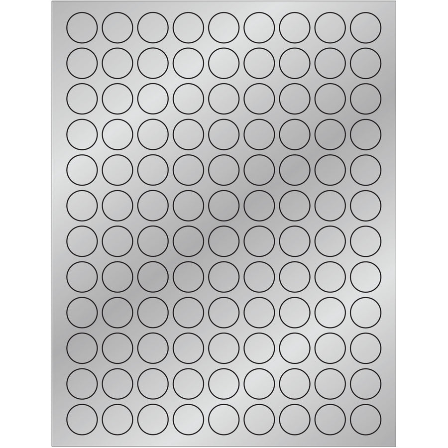 Professional 3/4" silver foil circle laser labels engineered for high-volume shipping operations. Heat-resistant permanent acrylic adhesive eliminates printer jamming and ensures label durability through handling and international transit. Bulk case of 10,800 labels–ready to print with included Microsoft Word template.