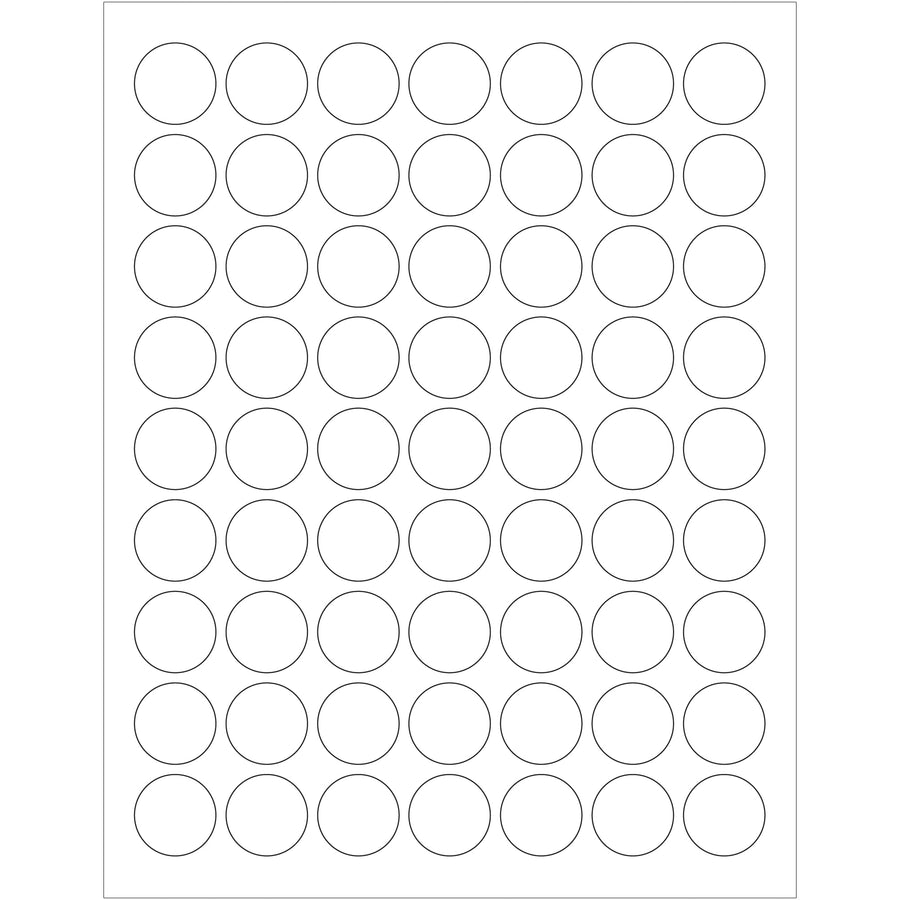 Professional 1" diameter glossy white circle laser labels engineered for shipping coordinators and logistics professionals who need reliable, jam-resistant identification. Permanent acrylic adhesive resists heat and handling stress across temperature-controlled warehouses and international shipments. Case of 6300 labels with ready-to-use Microsoft Word template.